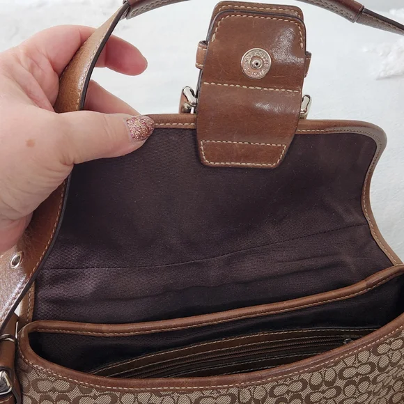 Coach Tan and Brown Signature Shoulder Bag With Leather Corner Accents H04W-6818 - Picture 10 of 14
